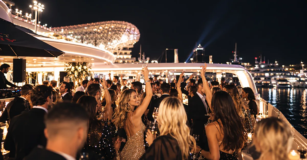 Guests celebrating on a yacht at Yas Marina at night