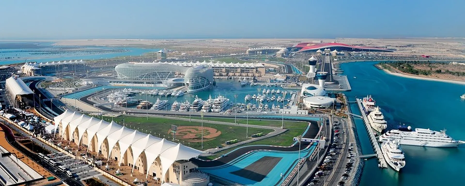 Yas Marina, yachts and the Abu Dhabi Grand Prix circuit seen from above