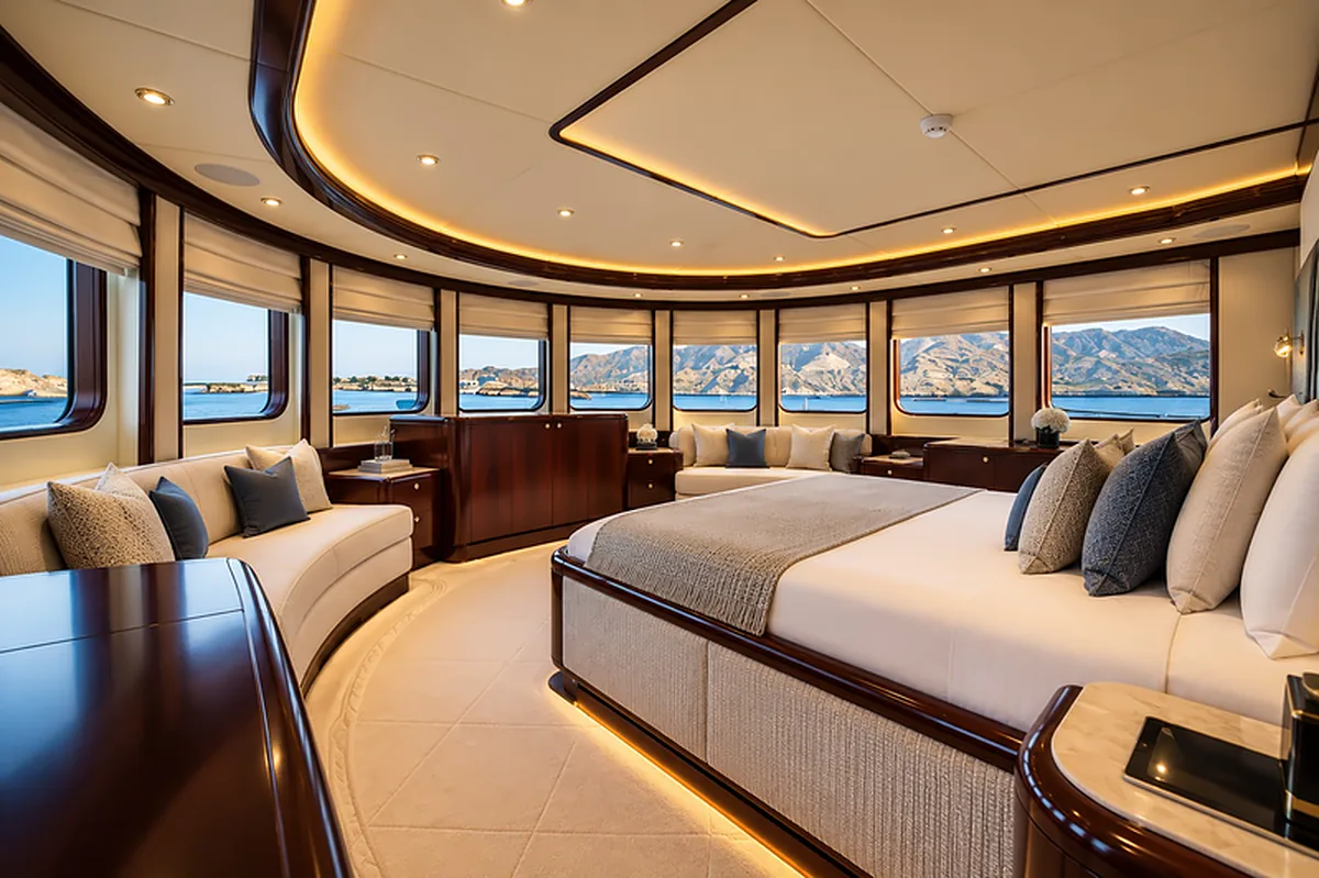 Master cabin aboard AMARA with a double bed, seating and panoramic windows