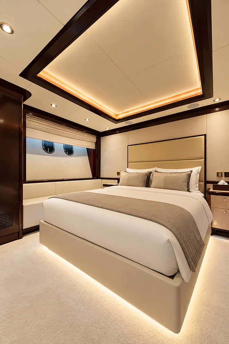 VIP cabin aboard AMARA with a double bed and upholstered headboard