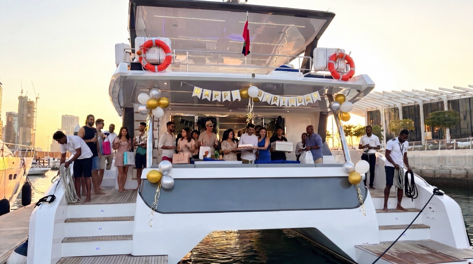 Large group celebrating on the aft deck of a yacht with a Happy Birthday banner and balloon decorations