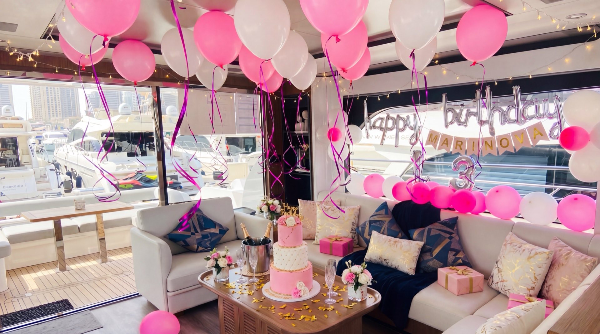 Yacht saloon decorated with balloons, a birthday banner and a tiered cake