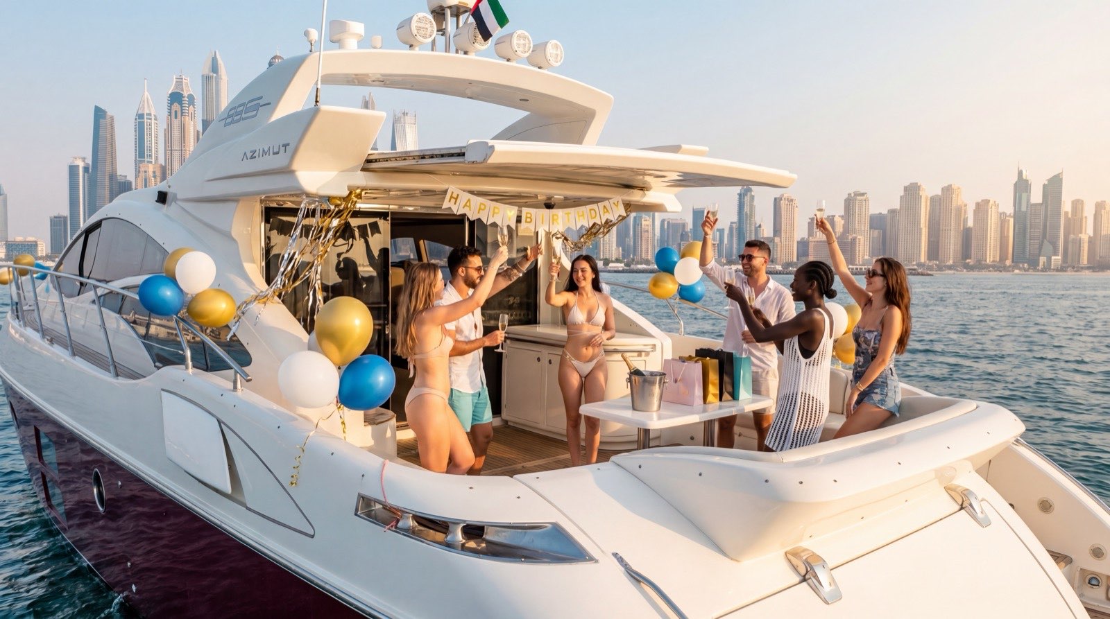 Small group celebrating on the aft deck of a yacht with the Dubai skyline behind