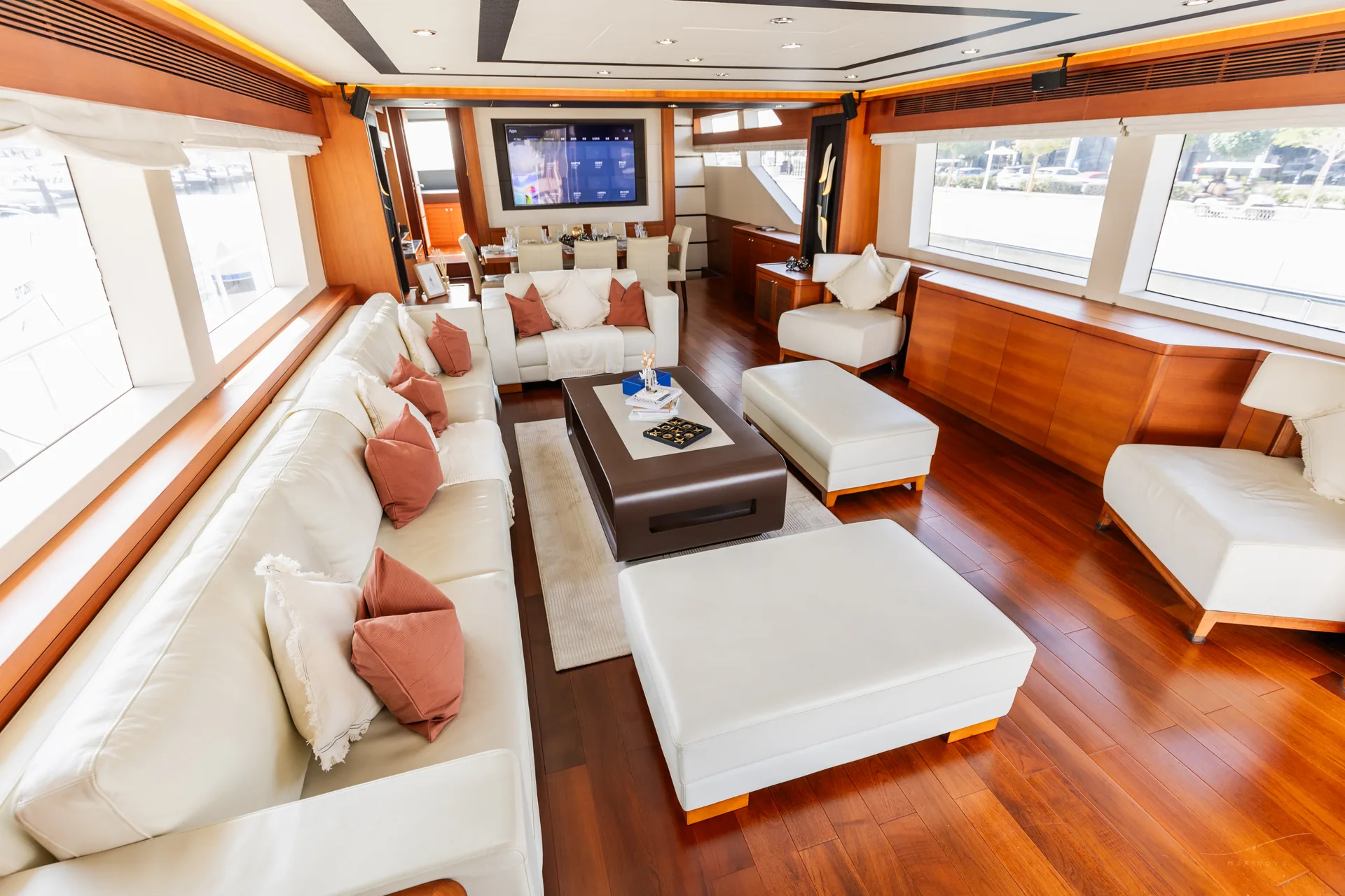 Fuego 96 saloon lounge zone with TV and cherry wood