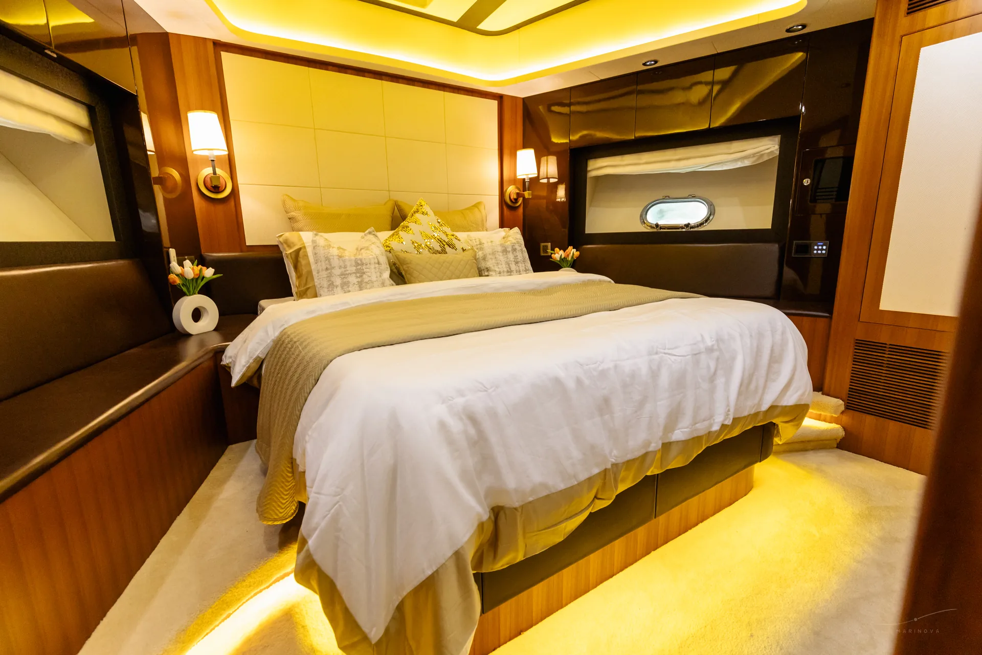 Fuego 96 master cabin alternate angle with warm lighting