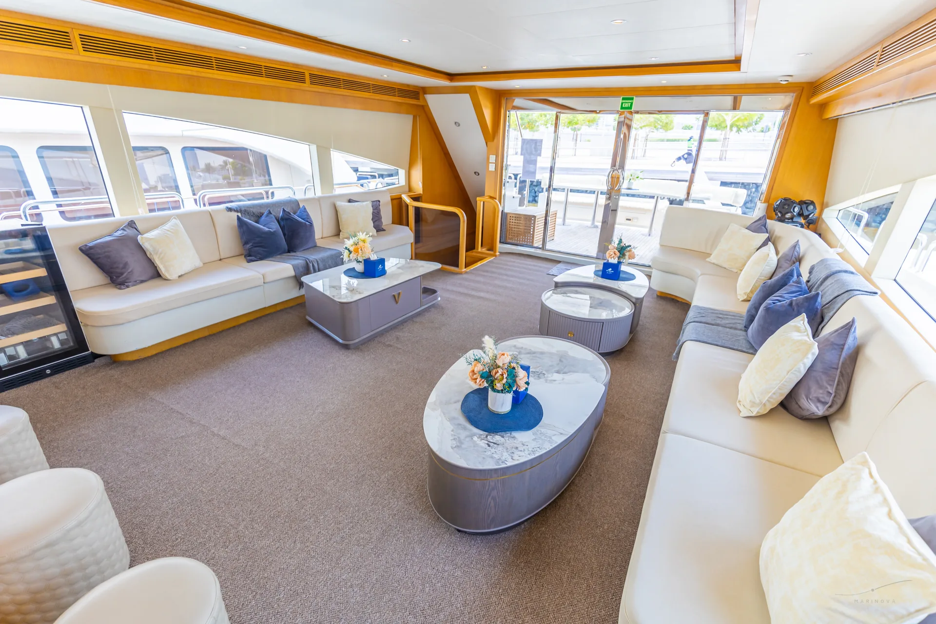 Rosso 110 saloon looking toward the aft deck doors