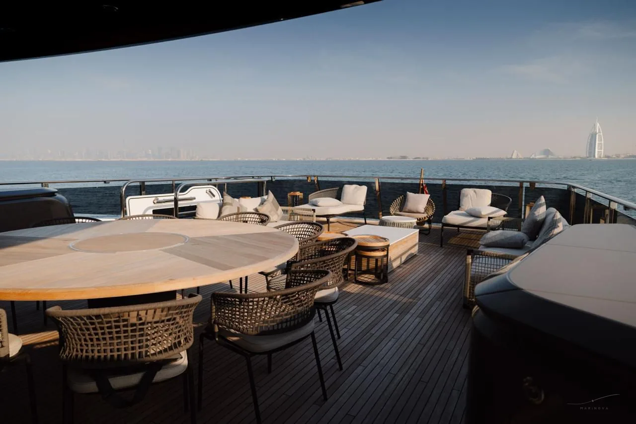 Princess X95 flybridge dining with Burj Al Arab in view