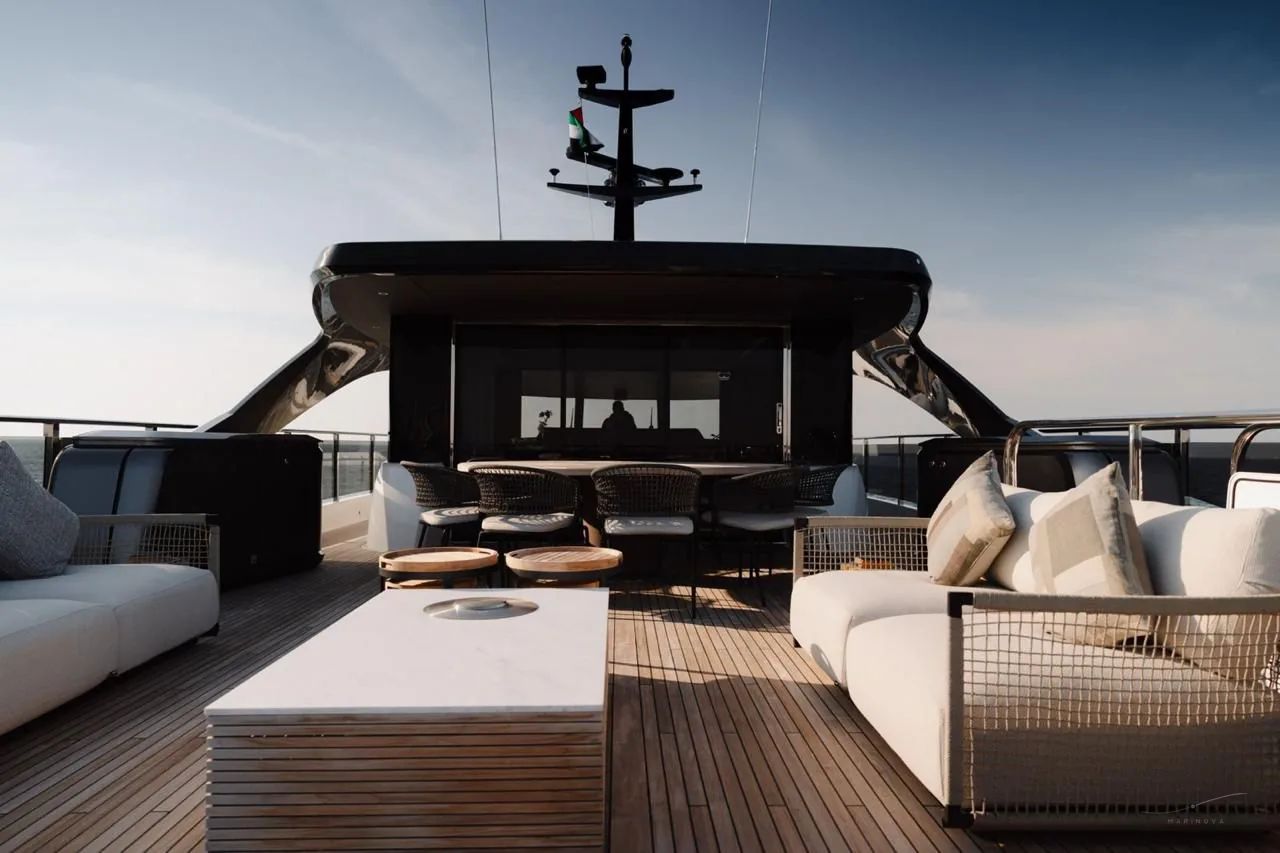 Princess X95 flybridge deck at golden hour