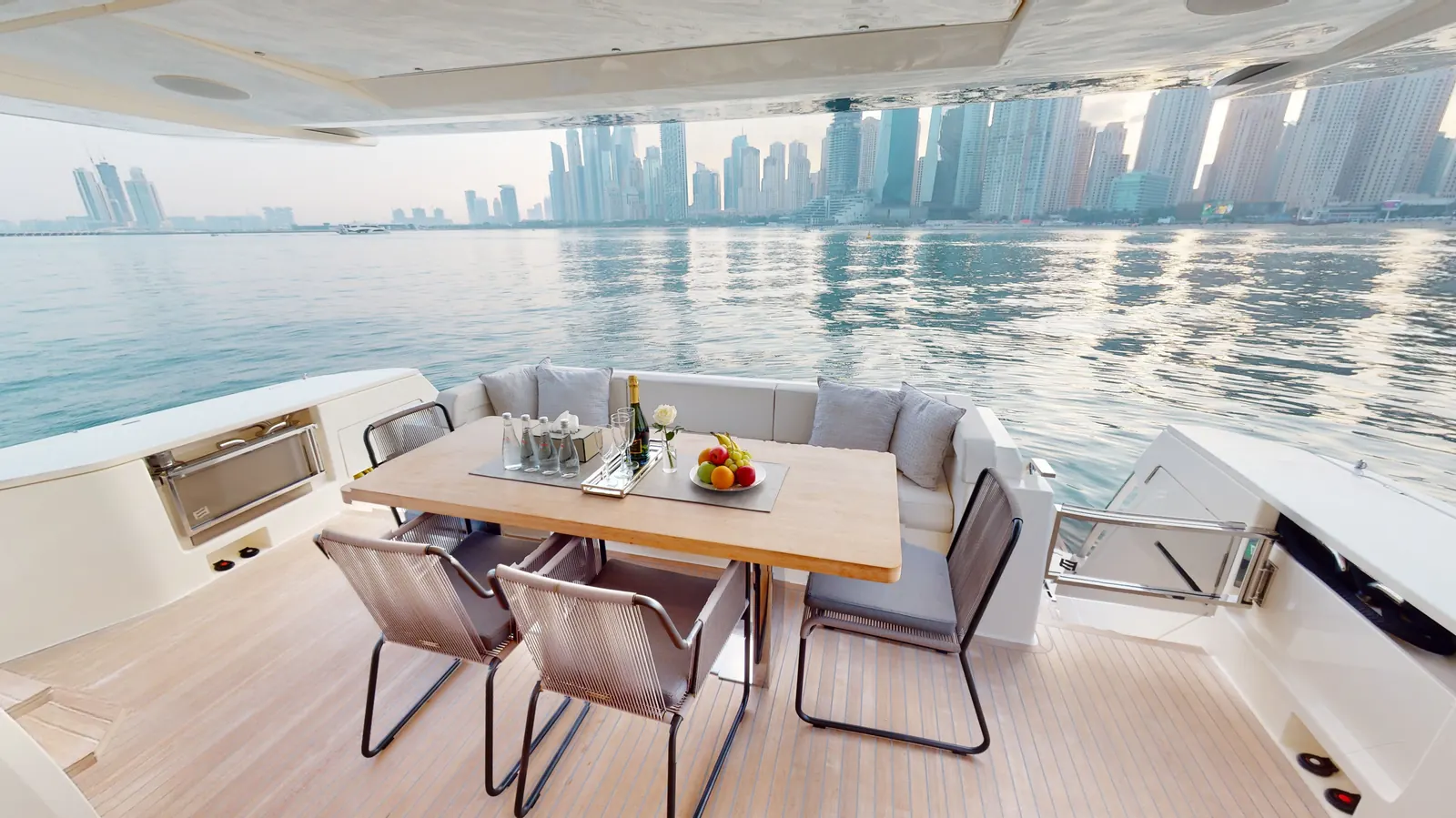 Bella 78 aft deck with skyline view