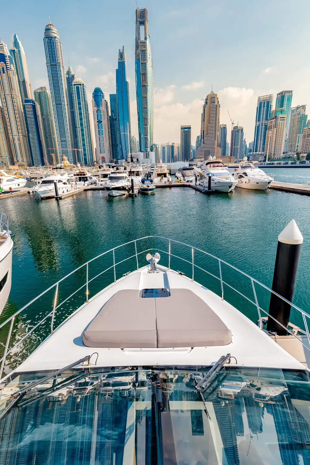 Classic 52 bow with Dubai Marina towers