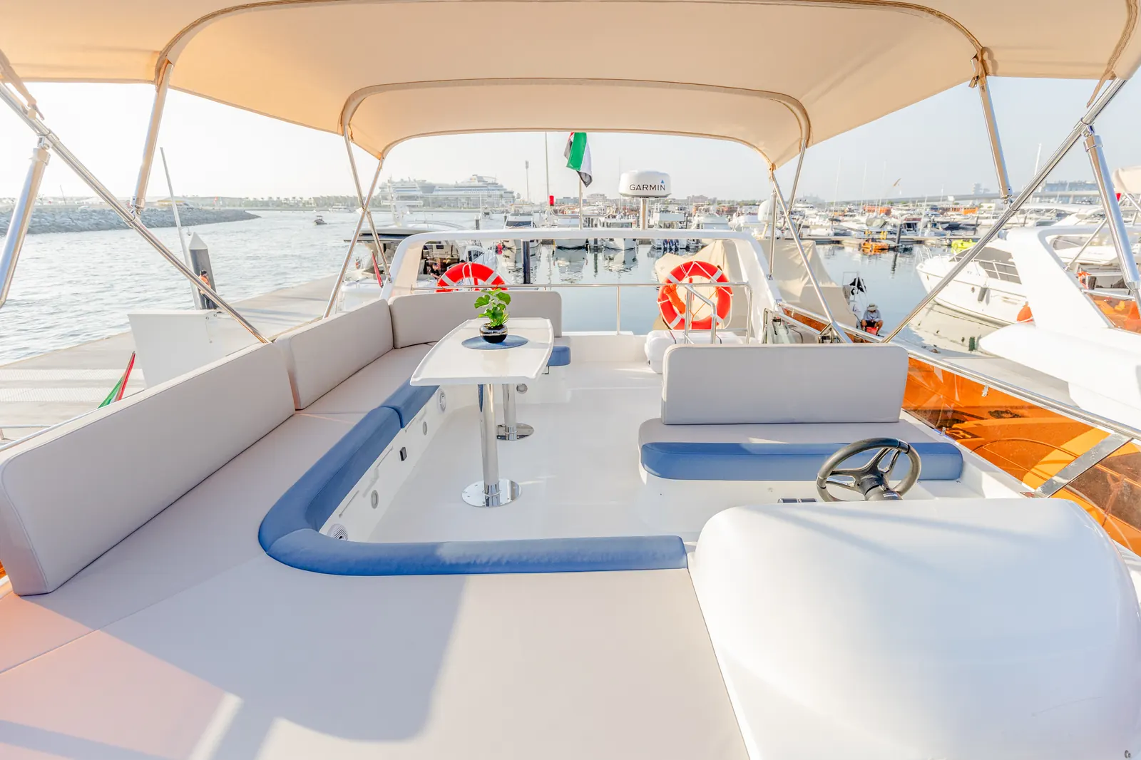 Classic 52 flybridge with marina view