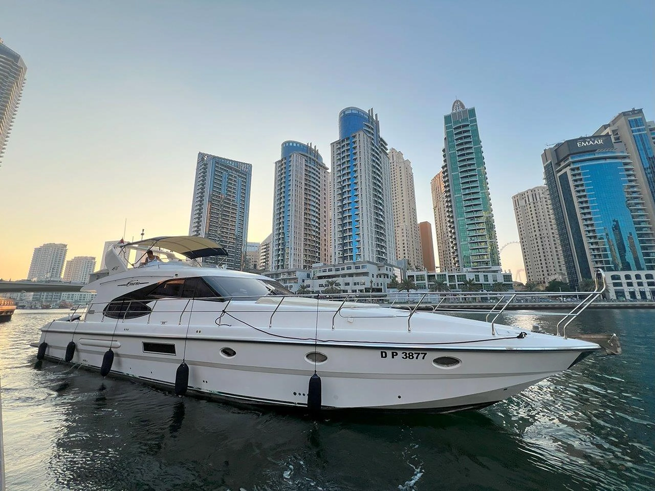 68 feet yacht rental Dubai full side profile of Eternity at Dubai Marina