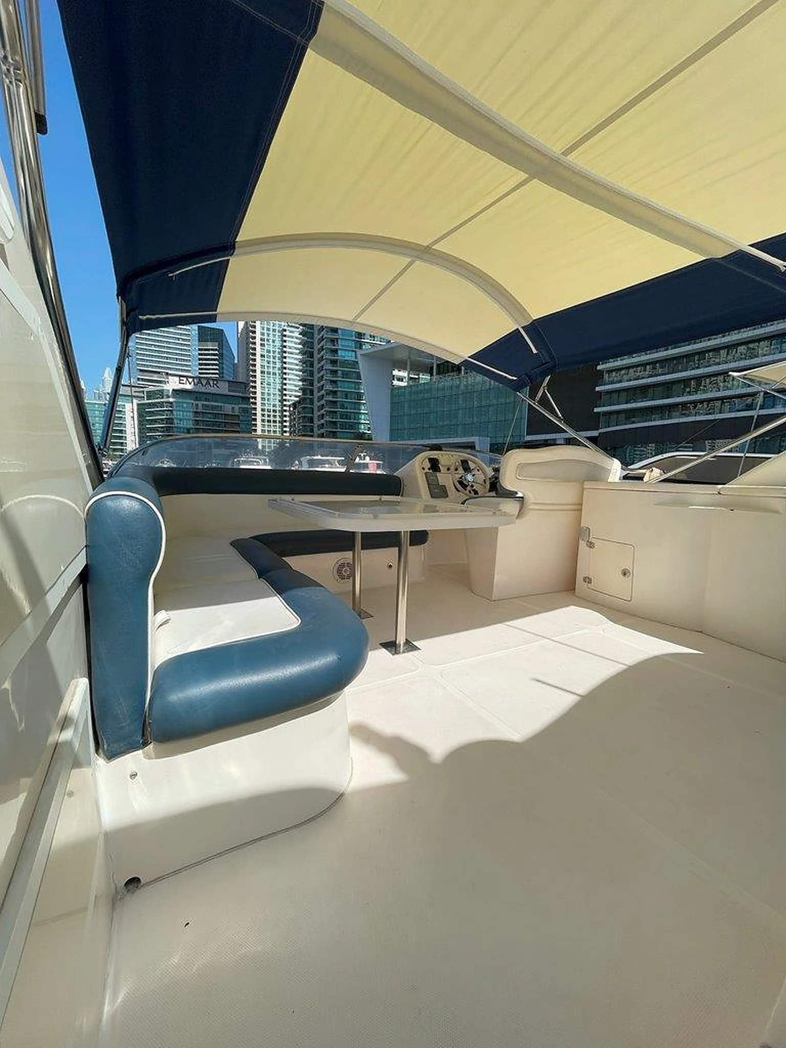 68 feet yacht rental Dubai shaded flybridge seating aboard Eternity
