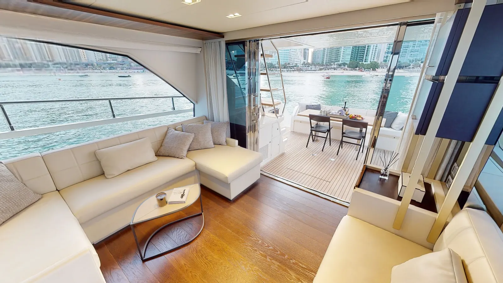 Ferretti 67 saloon aft lounge