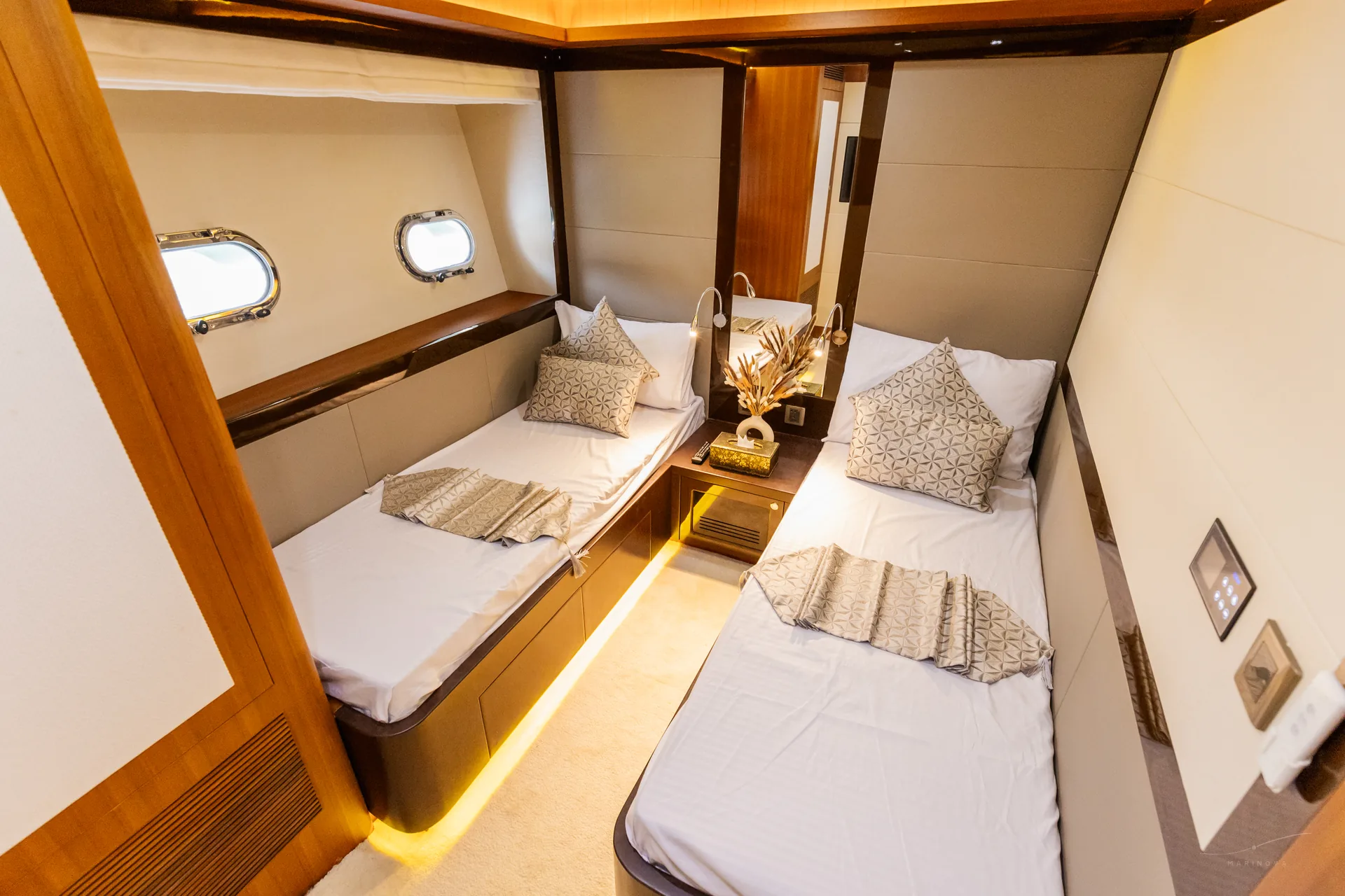 Fuego 96 second guest cabin with cherry wood panels