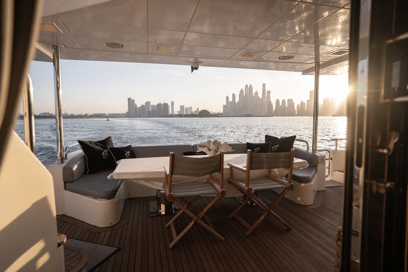 Platinum 88 aft deck dining at sunset