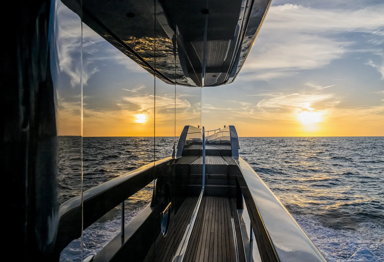 Riva 82 side deck at sunset